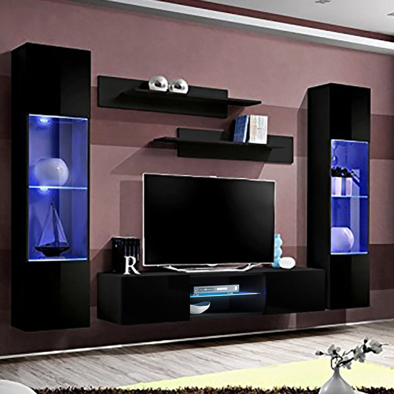 Meuble audio-vidéo mural flottant 100 "avec éclairage 16 couleurs DEL, finition brillante Entertainment, Noir