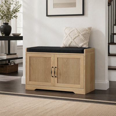 Banc de rangement pour hall d'entrée avec portes doubles, coussin confortable et lattes verticales