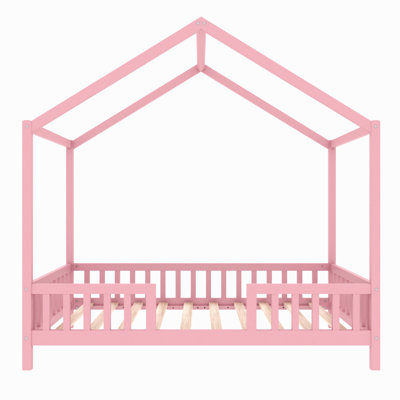 Montessori Floor Bed With Canopy, House Shape Bed Frame With High Railings, Wood Kids Bed With Roof
