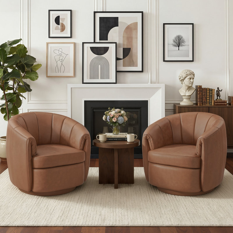 Fauteuil demi-tonneau pivotant en cuir véritable de 34 po de largeur (ensemble de 2), Cuir fleur brun