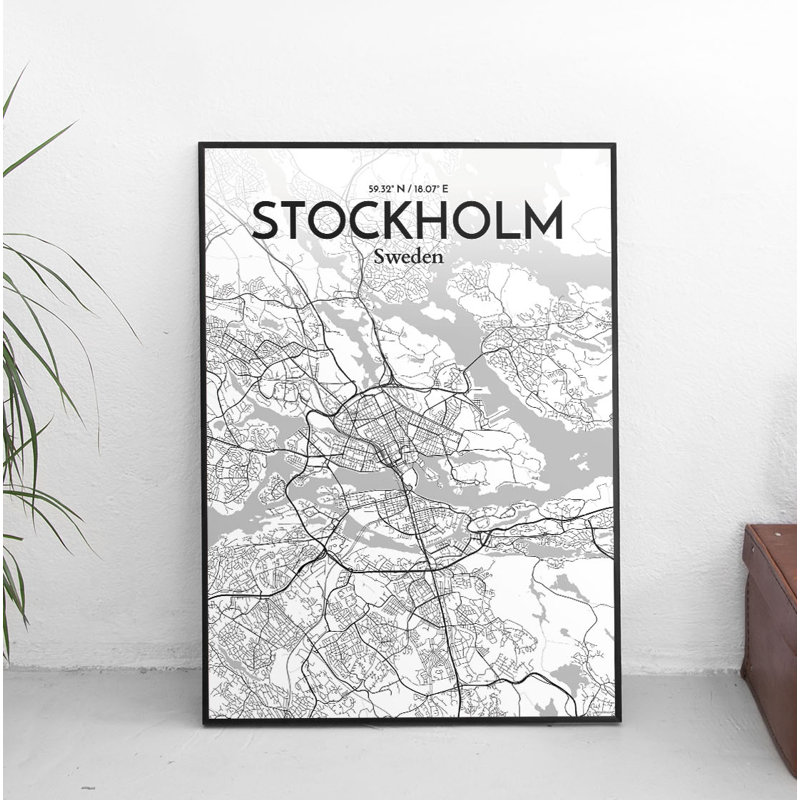 Carte de ville, impression imprimée dans des tons de Stockholm, H 17 po x l 11 po x P 0,05 po