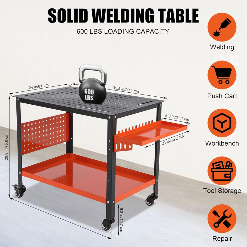 Table de soudage, table d'établi avec poignées à plateau latéral, table de soudage en acier sur roulettes, capacité de charge de 600 lb