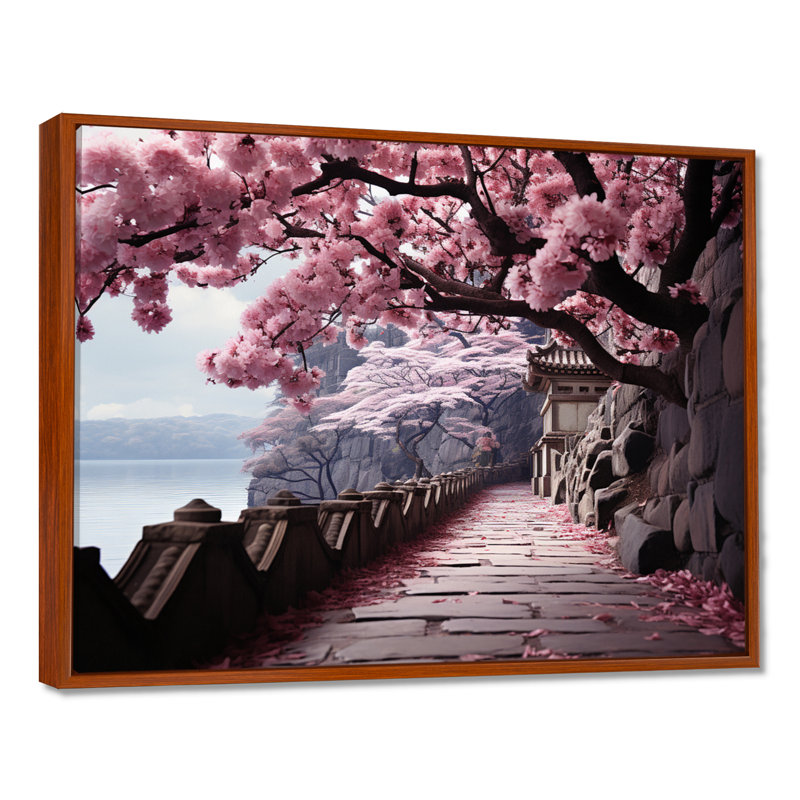 Art du Japon, chemin de fleurs de cerisier rose - Art encadré, H 34 po x l 44 po, Cadre flottant brun