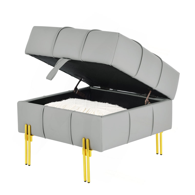 22 Inches Anti-Scratch Leather Storage Ottoman, Pet Friendly Entryway Bench With Golden Stainless Steel Legs, Gray