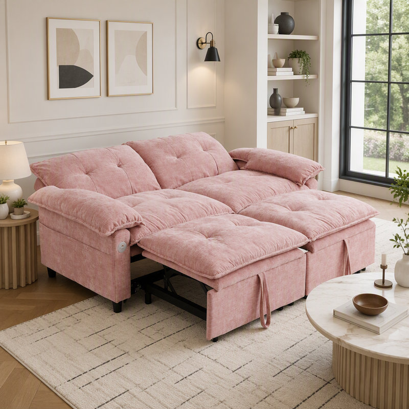 Canapé-lit convertible 73 po en velours rose avec matelas coulissant