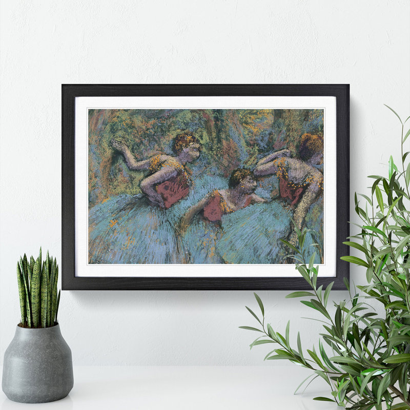 Three Ballet Ballerina Dancers in Blue by Edgar Degas - Picture Frame Painting, 48cm H x 65cm W x 2cm D, Black