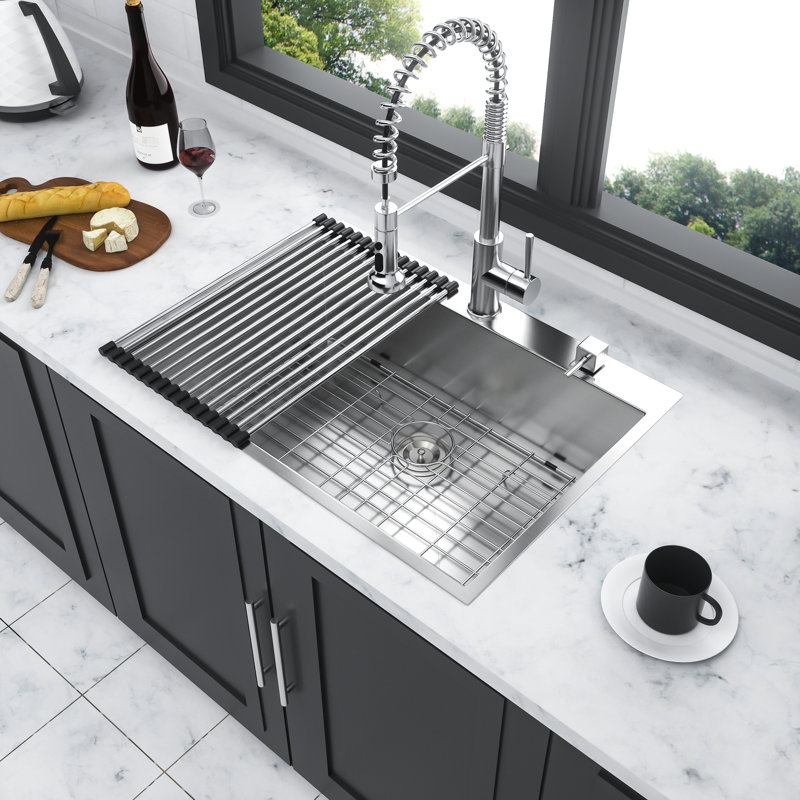 28" Stainless Steel Sink Drop In - 18 Gauge, Finish, Brushed Nickel, Single Bowl Kitchen Basin Drop-In Attractive