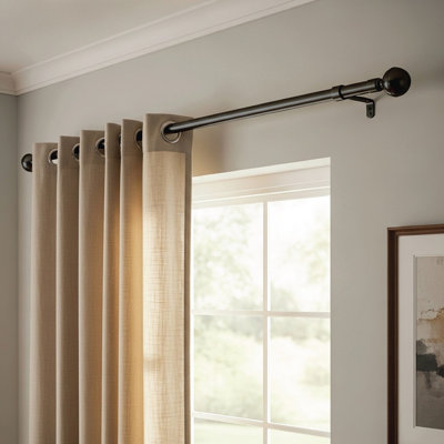 Adjustable Metal Curtain Pole with Rings & Brass Finials – Extendable Curtain Rod Set