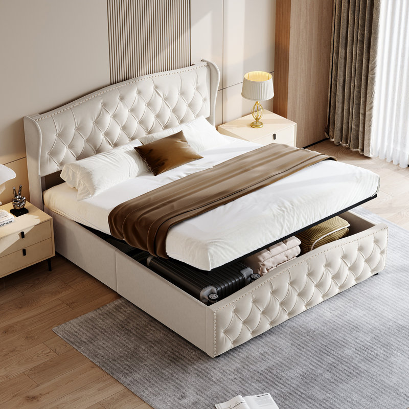 Upholstered Ottoman Storage Bed, Beige, European Kingsize (160 x 200 cm)