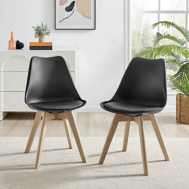 Stolm Bright Moulded Plastic Dining Chair with Wooden Legs and Foam Cushion Seat, Black