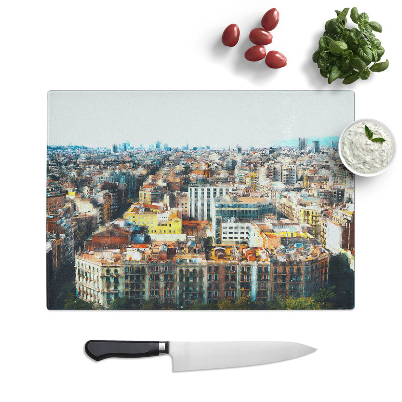 Rooftops of Barcelona in Spain Painting Chopping Board, 0.4cm H x 28.5cm W x 39cm L