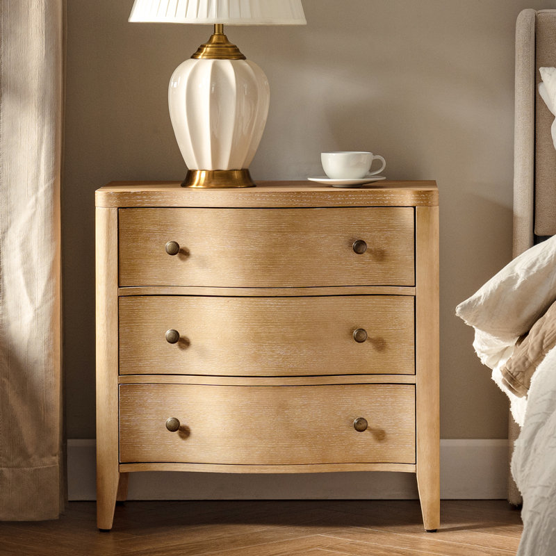 Elfine Modern 27''W 3-Drawers Curves Nightstand with Built-In Charging Station, Natural