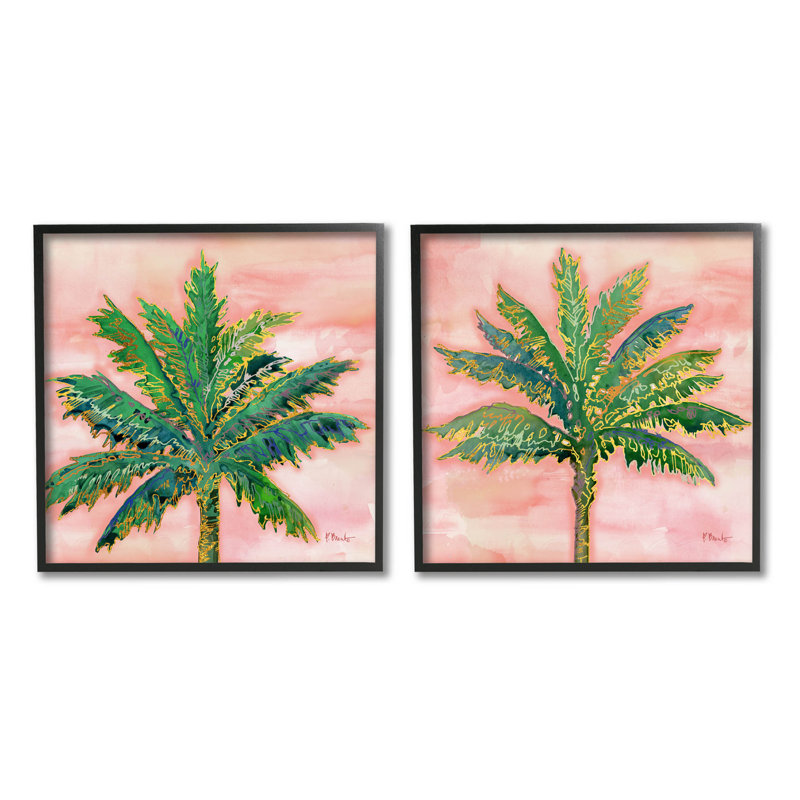 Tropical Palm Trees Green and Pink Glam Wood Framed Wall Art Set