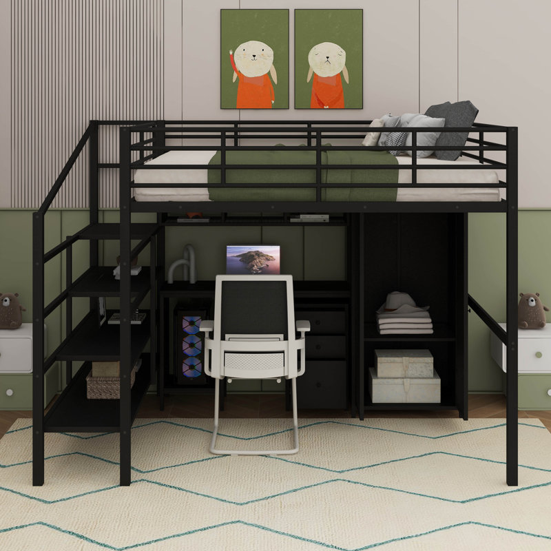 Lit mezzanine double en métal avec garde-robe et table