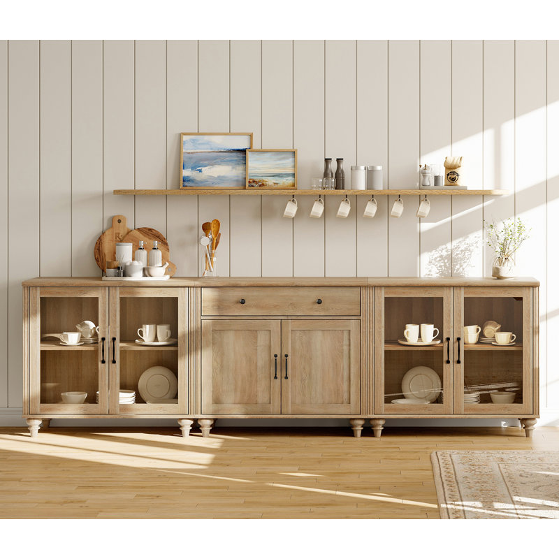 Sideboard Buffet Cabinets With 4 Glass Doors And A Drawer, Farmhouse Wood Large Sideboard Credenza For Dining Room, Modern Ample Storage Cabinet For Living Room, Oak, 102 Inch