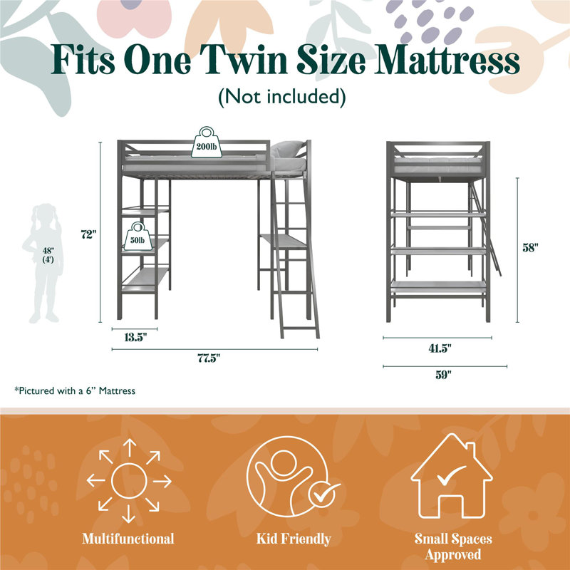 Gray Twin Metal Loft Bed with Desk and Shelves