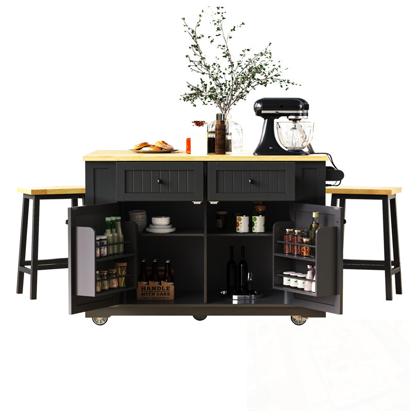 Kitchen Island With 2 Bar Stools, 5 Open Side Racks, Drop Leaf And Power Outlet, Black