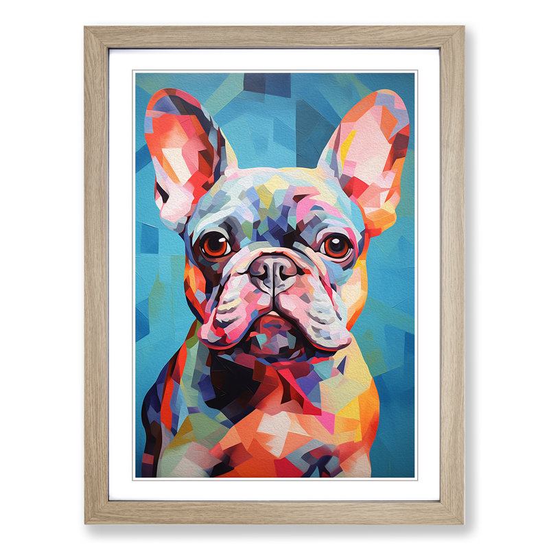 French Bulldog Orphism - Single Picture Frame Print on Wood, 64cm H x 46cm W x 2cm D, Oak