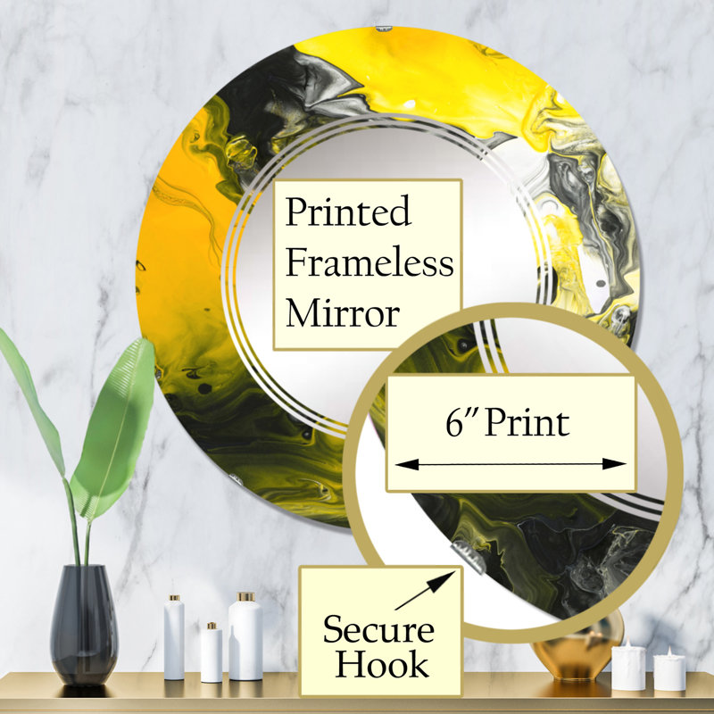 Jaune jaune noir et blanc liquide Art III - miroir mural rond moderne, 32 po x 32 po