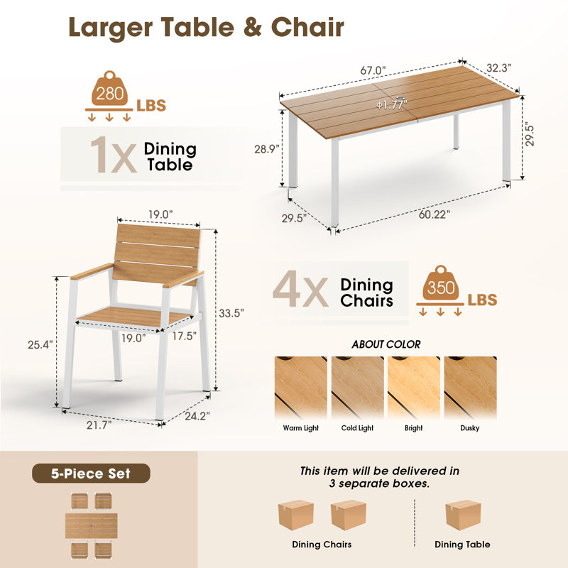  67" Aluminum Rectangular Outdoor Dining Table with Wood-Grain HDPS Top and Umbrella Hole, White/Teak Wood