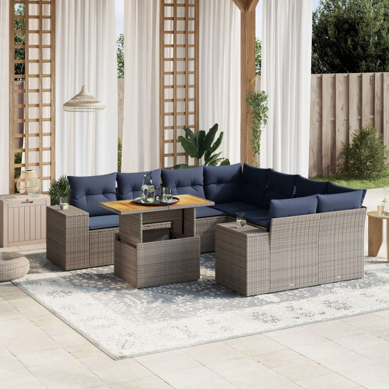  9 Piece Patio Sofa Set With Cushions Poly Rattan, Gray, Blue