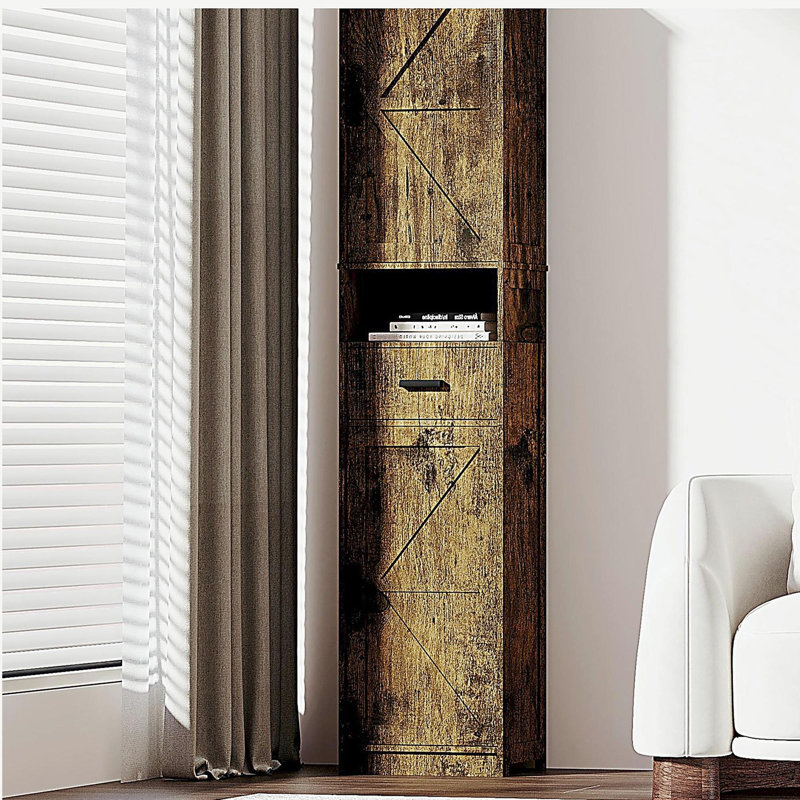 69" H Tall Storage Cabinet with 2 Barn Doors and 1 Drawer, Narrow Storage Unit with Adjustable Shelves, Floor Cabinet for Bathroom, Living Room, Kitchen