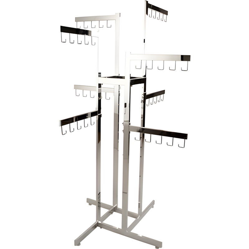 Heavy Duty Chrome Handbag Rack With 8 Adjustable Arms, 4-Way Design, Square Tubing, Ideal For Store Display Of Handbags And Small Garments