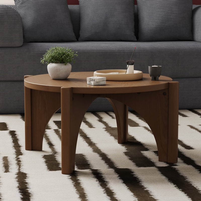 30'' Wide Round Wood Coffee Table With Arch Leg, Walnut
