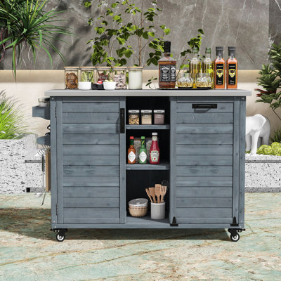 Chariot de barbecue pliable avec plateau en acier inoxydable, armoire à déchets, tablettes et roues réglables