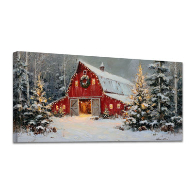 Winter Wall Art Red Barn Wall Decor Snowy Country Landscape Picture Canvas Prints for Living Room Bedroom Pine Trees Scene Painting Poster Farmhouse Christmas Decor Artwork Home Decoration