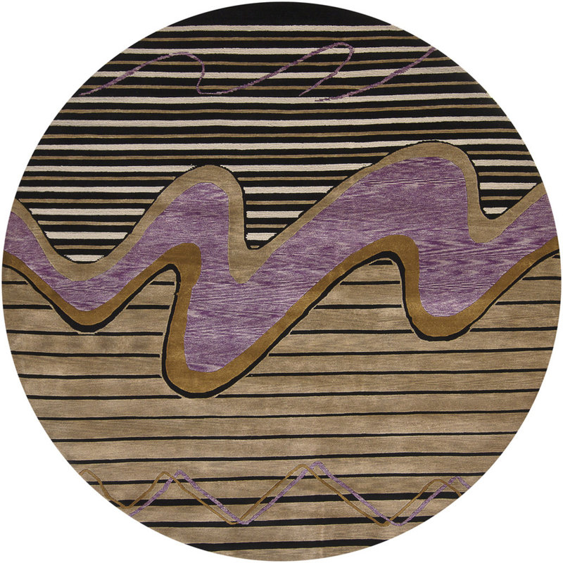 Aadi Striped Hand-Knotted Wool Brown/Tan Area Rug, Round 7'9", Brown, Tan, Black, Purple