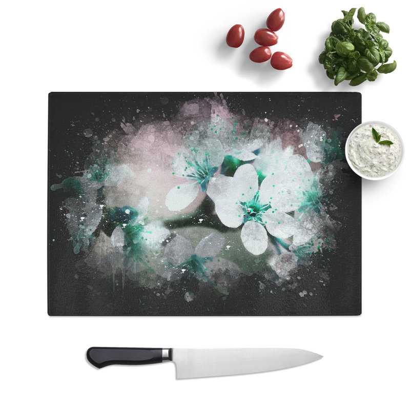 Tempered Glass Cherry Blossom Tree in Bloom Paint Splash Chopping Board, 28.5 cm x 39 cm
