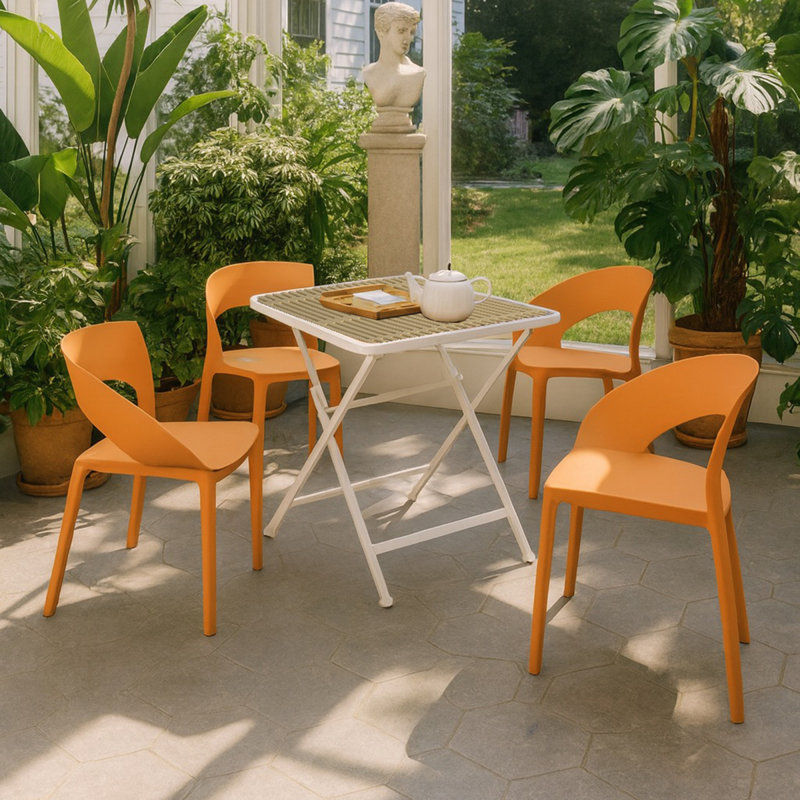 Ensemble repas moderne pliant carré avec chaises en polypropylène et pieds en métal - résistant aux intempéries et multifonctionnel (blanc, kaki, orange tropical)