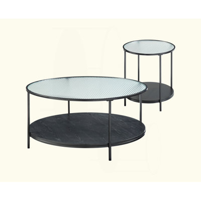 2Pc Modern Occasional Table Set Coffee Table Glass Top End Table Black Metal Finish Living Room Furniture