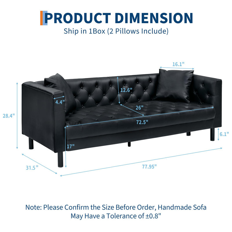 Canapé en cuir 78 po, canapé capitonné à 3 boutons fait à la main, canapé Chesterfield avec assise profonde et 2 coussins, canapé en cuir
