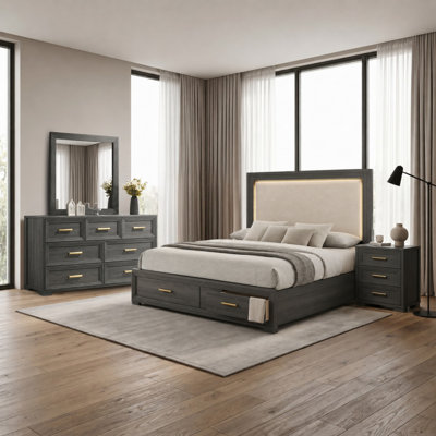 Liora Upholstered Platform Bedroom Set with LED Headboard, Footboard Storage, and Case Pieces