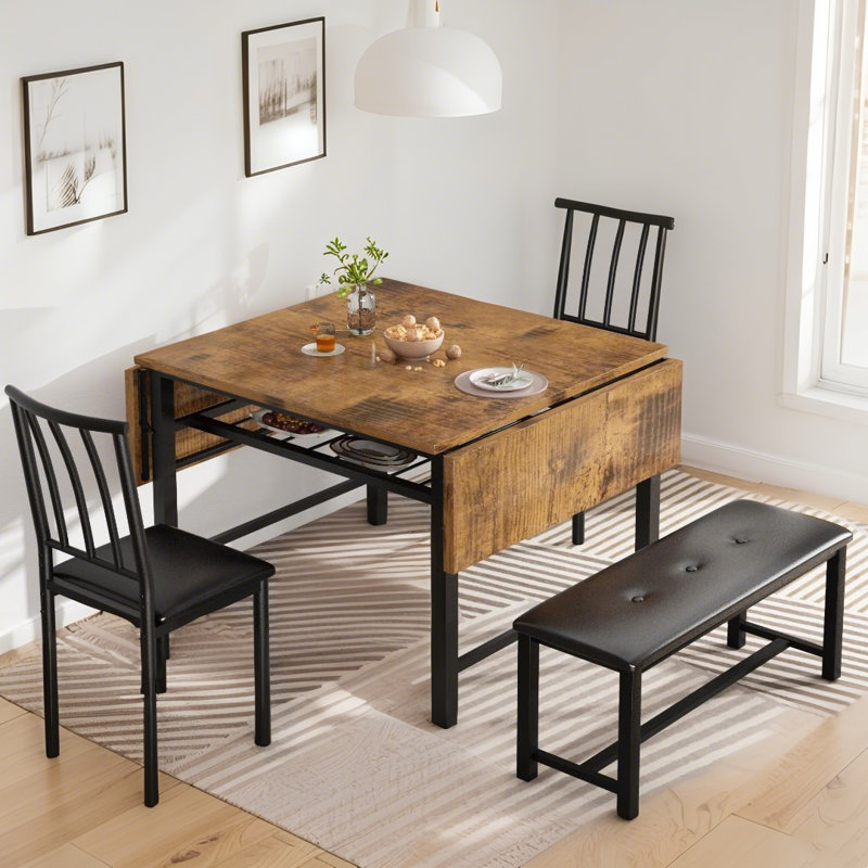 4-piece Extendable Dining Room Table And Chairs Set For 4-6, 58" Mid-century Modern Dining Table Set With Faux Marble Table & 1 Bench & 2 Backrest Chairs, Space Saving Kitchen Dining Table Set With Drop Leaf For Dining Room, Apartment, Kitchen