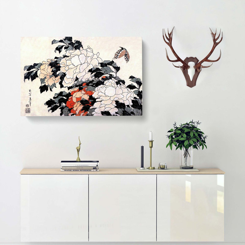 Peonies And Butterfly by Katsushika Hokusai - Wrapped Canvas Print, 40cm H x 60cm W x 3cm D
