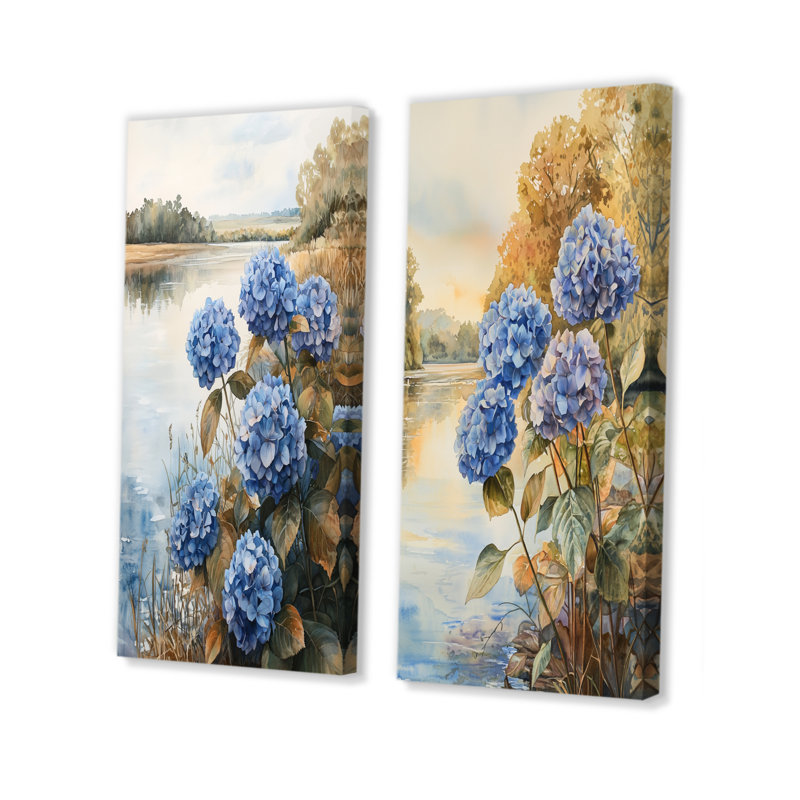 Hydrangeas par The Riverbank I - Collection de 2 panneaux de toiles florales, H 32 po x l 33 po, Toile tendue