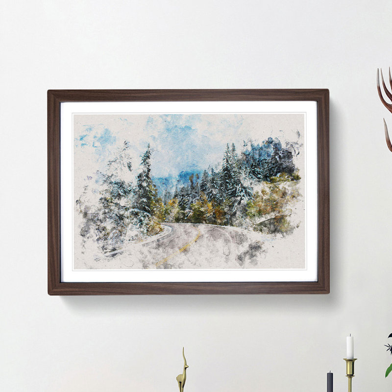 Winter Forest Road Watercolour - Single Picture Frame Print on MDF, 62cm H x 87cm W x 2cm D, Walnut Framed