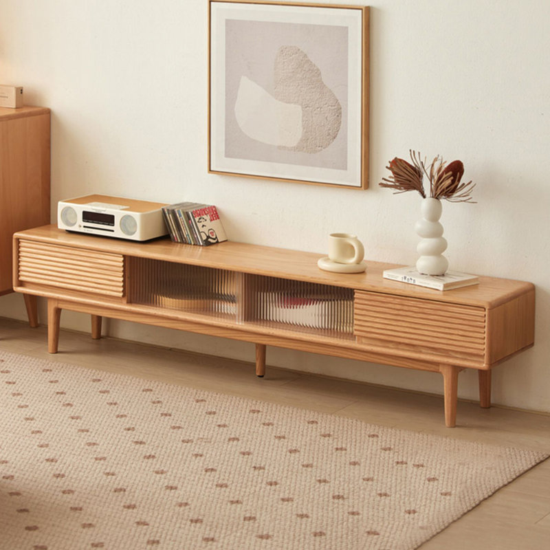 Meuble télé en chêne massif avec portes coulissantes en verre nervuré, H 16,14 po x L 78,74 po x l 13,78 po