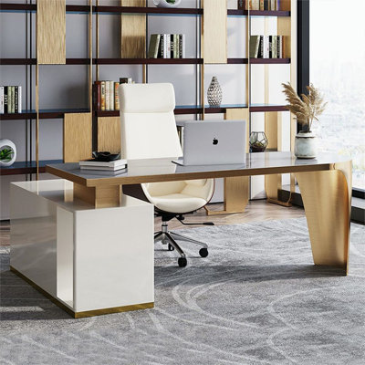 Beige-white + L-Shaped Sintered Stone + Manufactured Wood + Stainless Steel with 3 drawers Desk