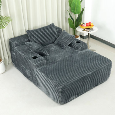 Grey Boneless Convertible , Bed Armchair With Wide Armrest, Throw Pillows, Cup Holder, Spring Padding, No Assembly For Living Room Chaise, Assembly, Relaxing At Home
