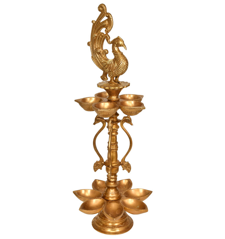 Lampe en forme de paon à 12 mèches en laiton fabriquée à la main avec support - Mayil Vilakku de 20 pouces, diya à l'huile indienne à plusieurs niveaux, finition artistique dorée pour temple, autel, espace festif