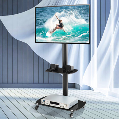 Meuble télé ajustable pour téléviseur de 32 à 65 pouces, verre trempé et matériaux métalliques, roues verrouillables, hauteur réglable, bureau au look élégant, compatible avec les téléviseurs, verre, cadre, disposition fonctionnelle