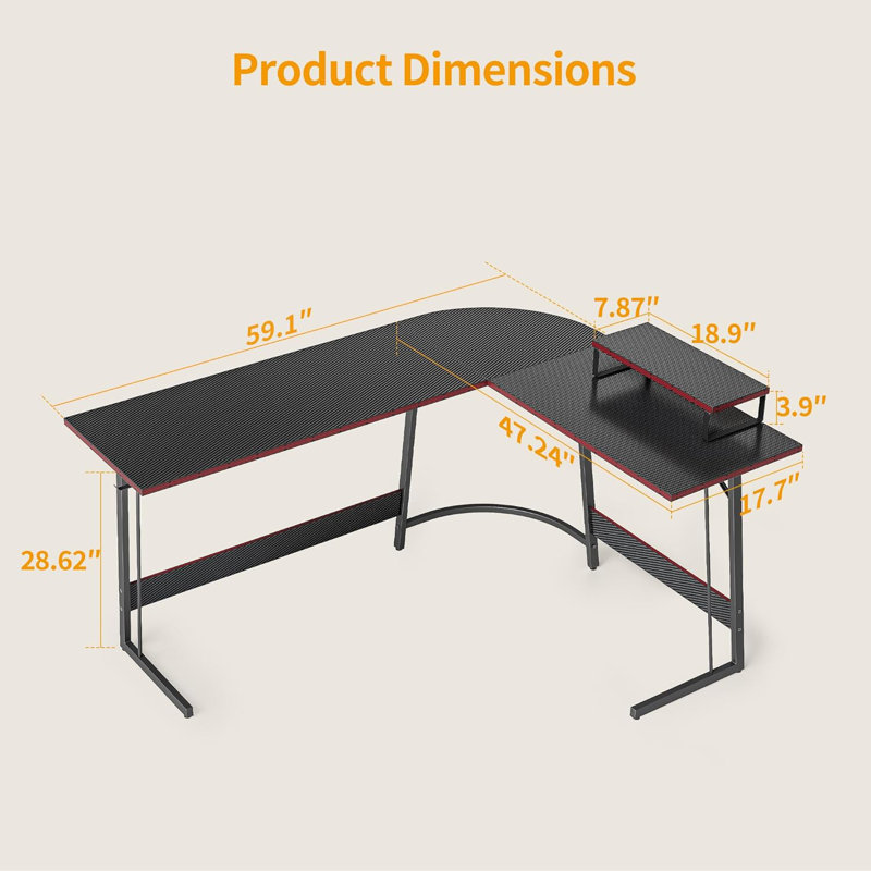 Bureau d'écriture en L Shela, Noir / Noir, H 29,5 po x l 59 po x P 17,7 po