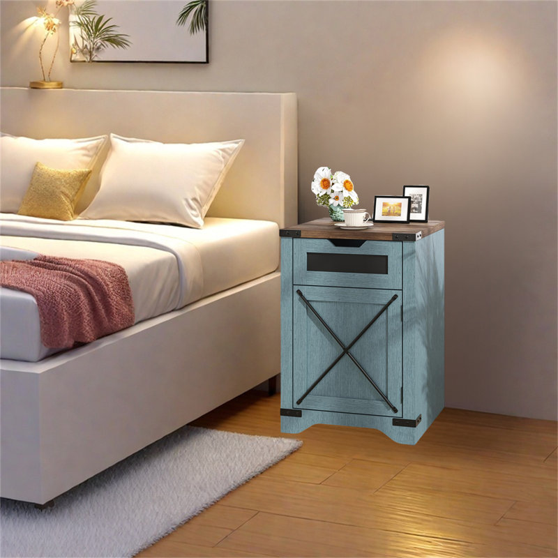 Vintage Farmhouse Nightstand With Charging Station – Rustic Side Table With Drawer & X-Shaped Barn Door, Blue