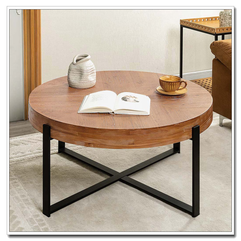 Table basse ronde, plateau en bois de sapin avec pieds en croix dorés, H 17,72 po x L 33,86 po x l 33,86 po, Noir