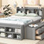 Lit double avec tête de lit bibliothèque, tiroirs de rangement sous le lit et étui de rangement à bout de lit, gris