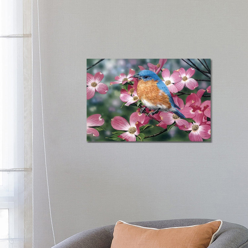 Bluebird/Pink Dogwood 1 Piece Wrapped Canvas Wall Art